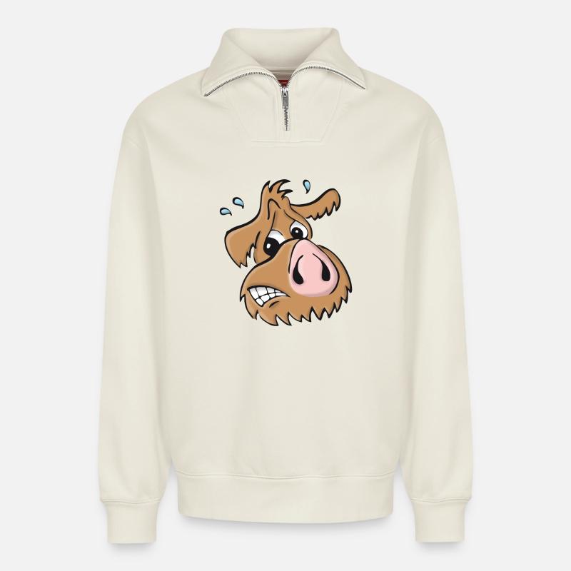 Pig dog - oops - Relaxed Unisex Organic Half Zip Sweatshirt – by SPREAD - off white