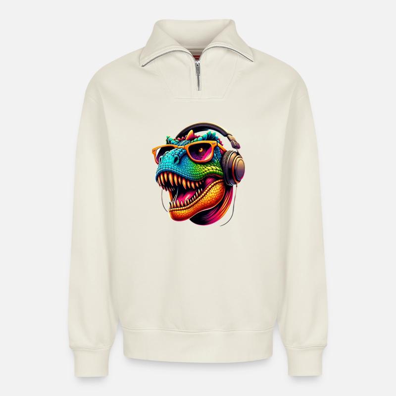 Dino DJ Stil - Relaxed Unisex Organic Half Zip Sweatshirt – von SPREAD - Naturweiß