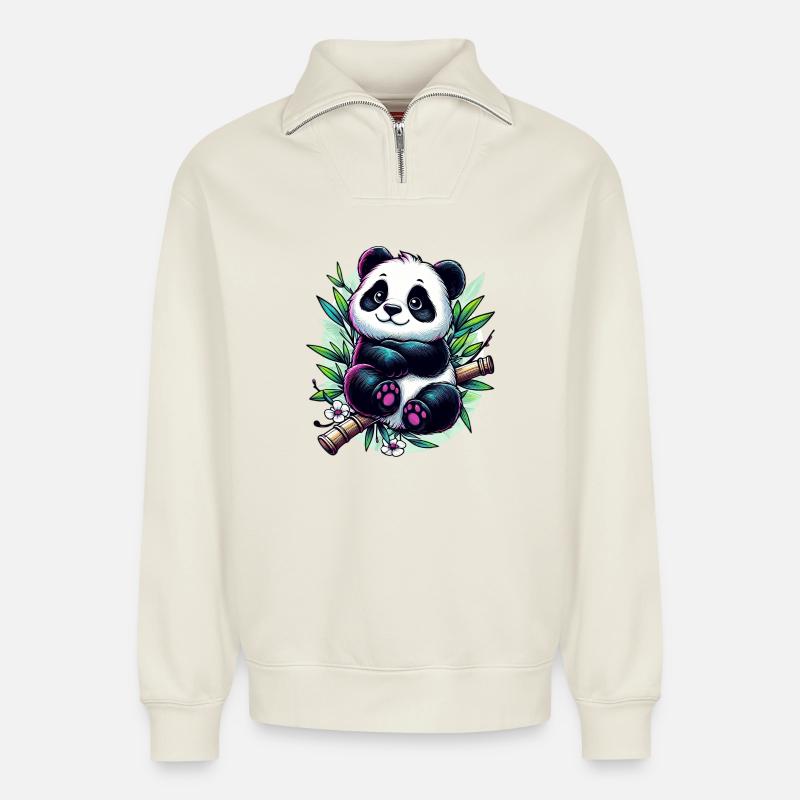 Panda - Relaxed Unisex Organic Half Zip Sweatshirt – von SPREAD - Naturweiß