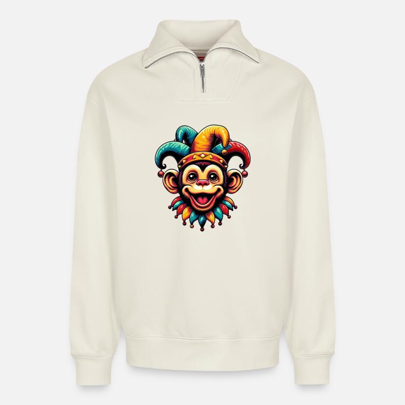 Monkey Jester - Relaxed Unisex Organic Half Zip Sweatshirt – by SPREAD - off white