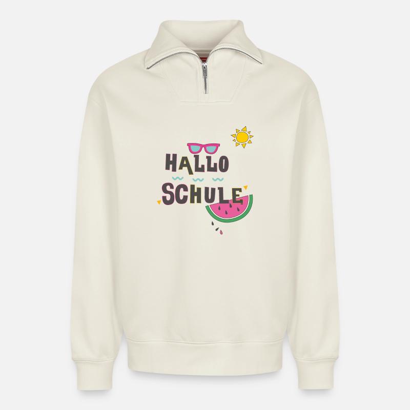 Hallo Schule, Einschulung - Relaxed Unisex Organic Half Zip Sweatshirt – von SPREAD - Naturweiß