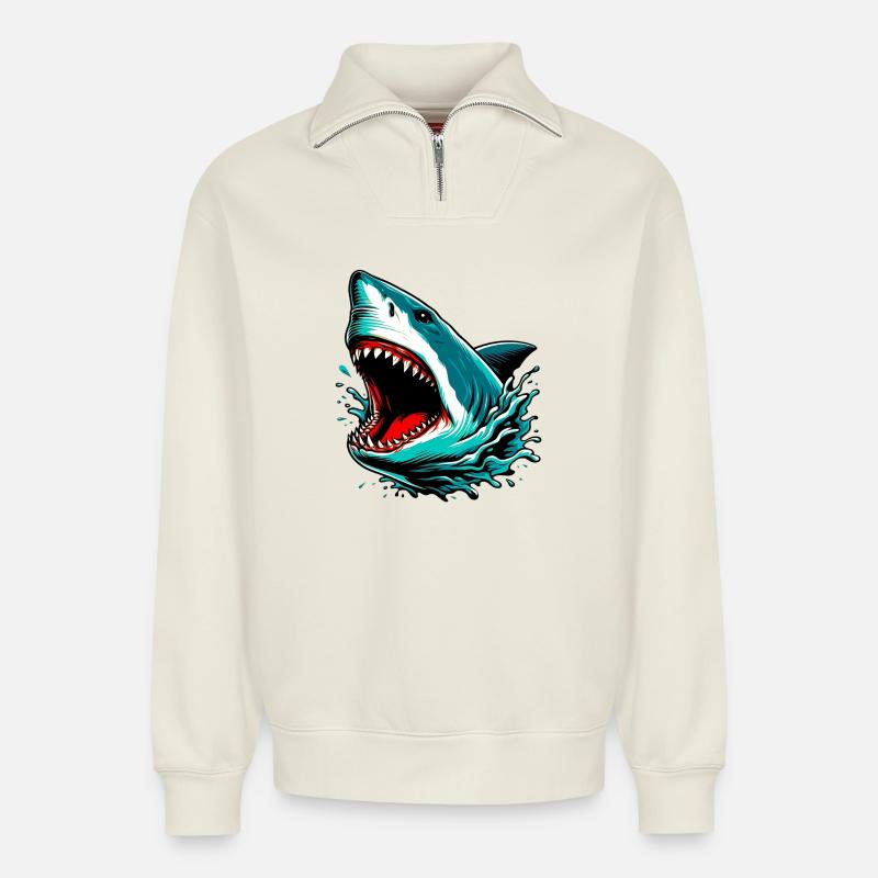 Requin - Sweat unisexe décontracté en coton biologique à demi-zip – de SPREAD - blanc cassé