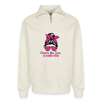 Cancer du Sein Octobre Rose Ruban Femme Sensibilis - Sweat unisexe décontracté en coton biologique à demi-zip – de SPREAD - blanc cassé - Devant