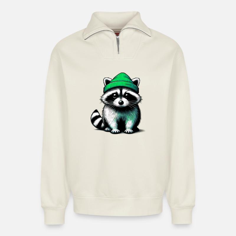 Raton laveur - Sweat unisexe décontracté en coton biologique à demi-zip – de SPREAD - blanc cassé