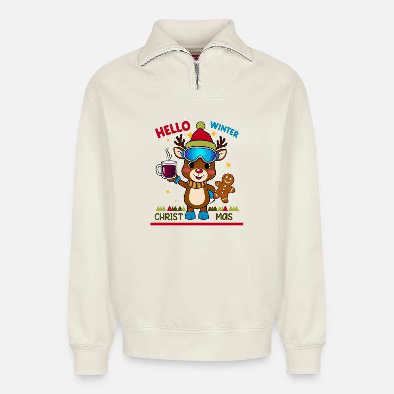 Renne mignon - Sweat unisexe décontracté en coton biologique à demi-zip – de SPREAD - blanc cassé