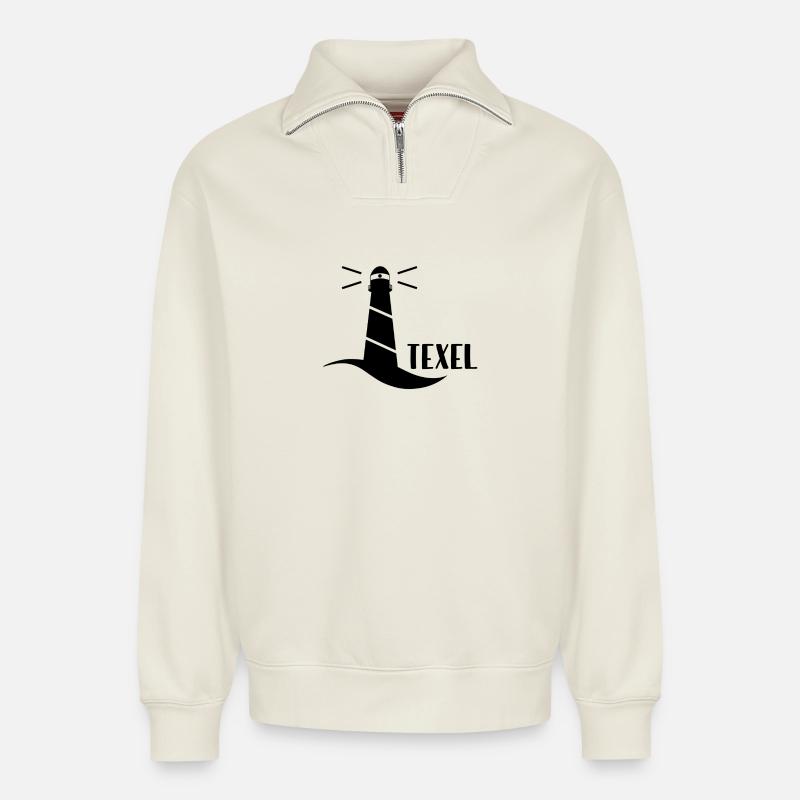 Phare Texel (noir) - Sweat unisexe décontracté en coton biologique à demi-zip – de SPREAD - blanc cassé