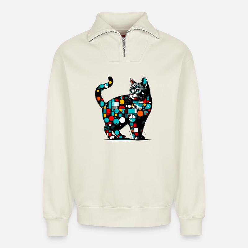 Chat - Sweat unisexe décontracté en coton biologique à demi-zip – de SPREAD - blanc cassé