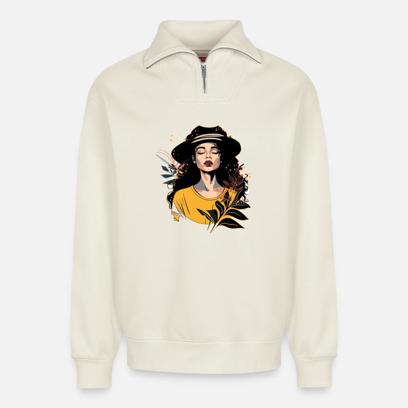 Frauengesicht - Relaxed Unisex Organic Half Zip Sweatshirt – von SPREAD - Naturweiß