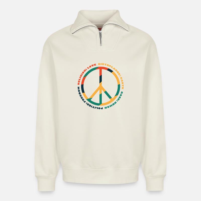 human rights - Relaxed Unisex Organic Half Zip Sweatshirt – by SPREAD - off white