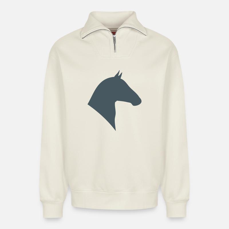 Minimalistischer Pferdekopf Silhouette - Relaxed Unisex Organic Half Zip Sweatshirt – von SPREAD - Naturweiß