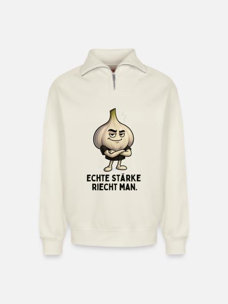 Selbstbewusster Knoblauch Garlic Gemüse Motiv - Relaxed Unisex Organic Half Zip Sweatshirt – von SPREAD - Naturweiß