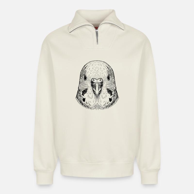 Perruche ondulée - Sweat unisexe décontracté en coton biologique à demi-zip – de SPREAD - blanc cassé