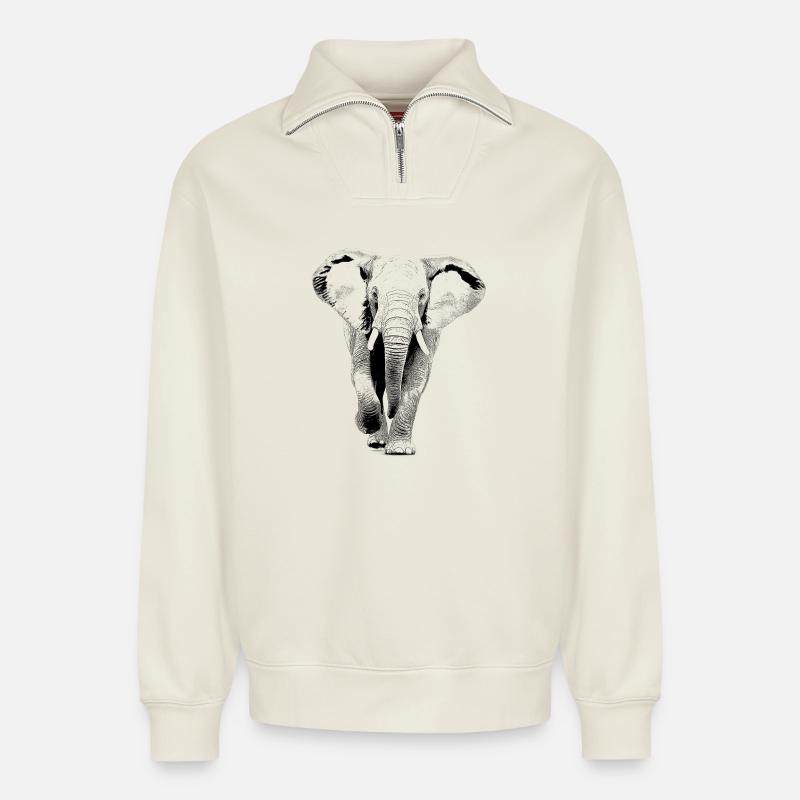 Éléphant - Sweat unisexe décontracté en coton biologique à demi-zip – de SPREAD - blanc cassé