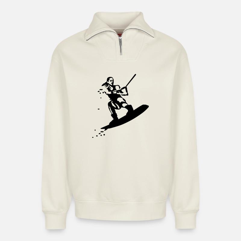 Wakeboard - Sweat unisexe décontracté en coton biologique à demi-zip – de SPREAD - blanc cassé