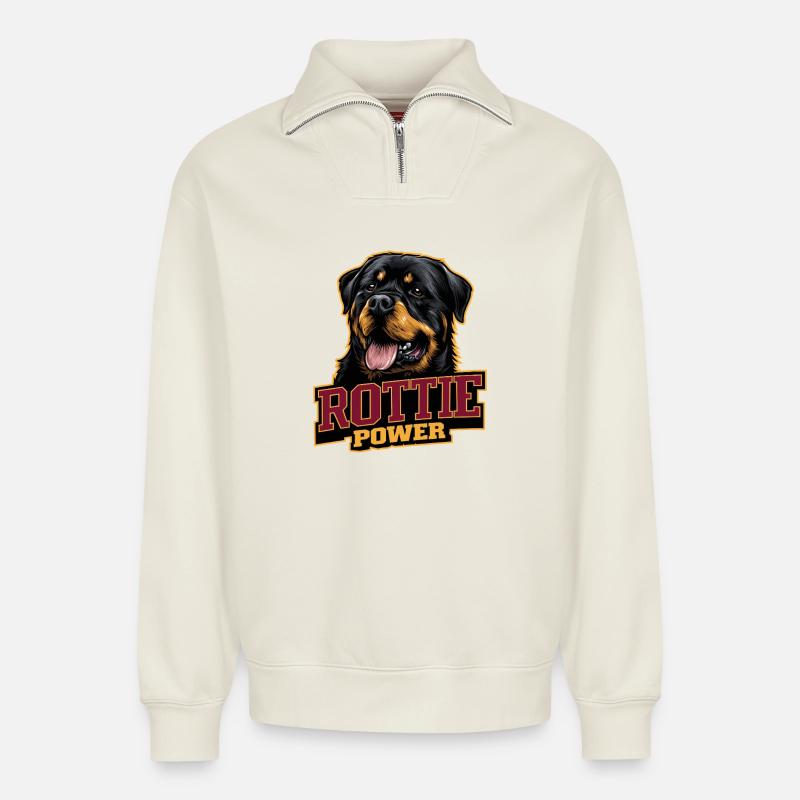 Rottie Power Rottweiler Design - Sweat unisexe décontracté en coton biologique à demi-zip – de SPREAD - blanc cassé
