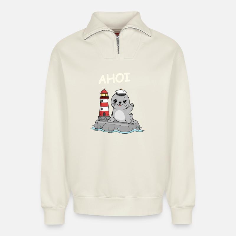Scellez le bébé ahoy - Sweat unisexe décontracté en coton biologique à demi-zip – de SPREAD - blanc cassé