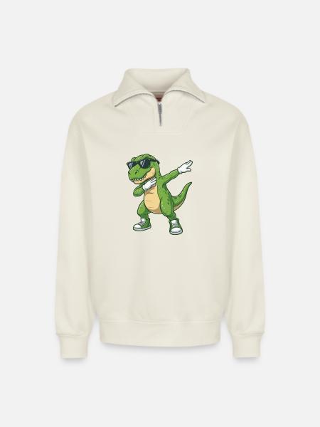 Funny Dabbing Dino Cartoon - Relaxed Unisex Organic Half Zip Sweatshirt – by SPREAD - off white