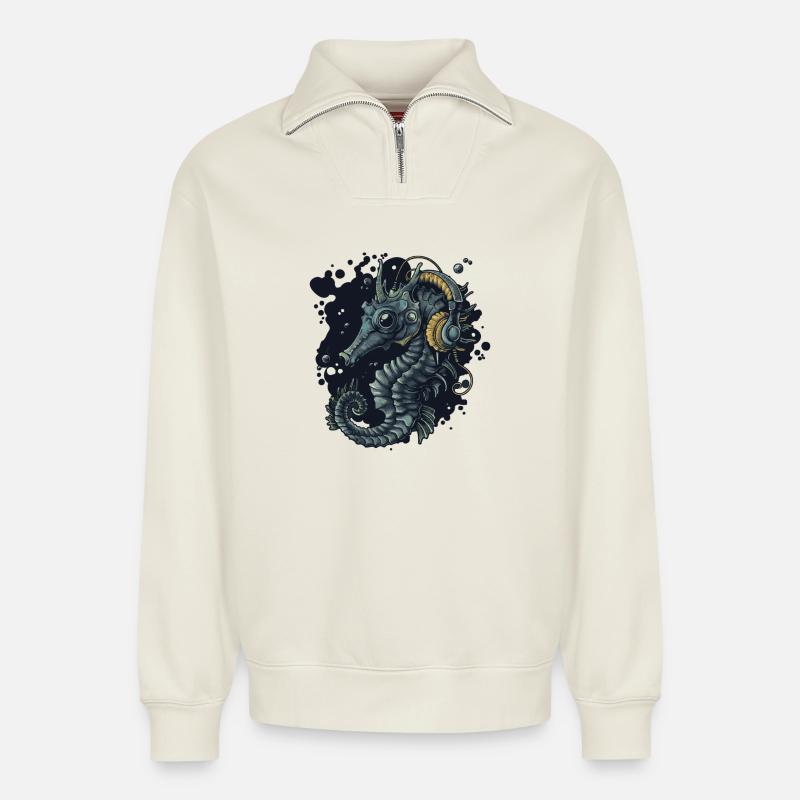 Seepferdchen mit Kopfhörern Motiv - Relaxed Unisex Organic Half Zip Sweatshirt – von SPREAD - Naturweiß