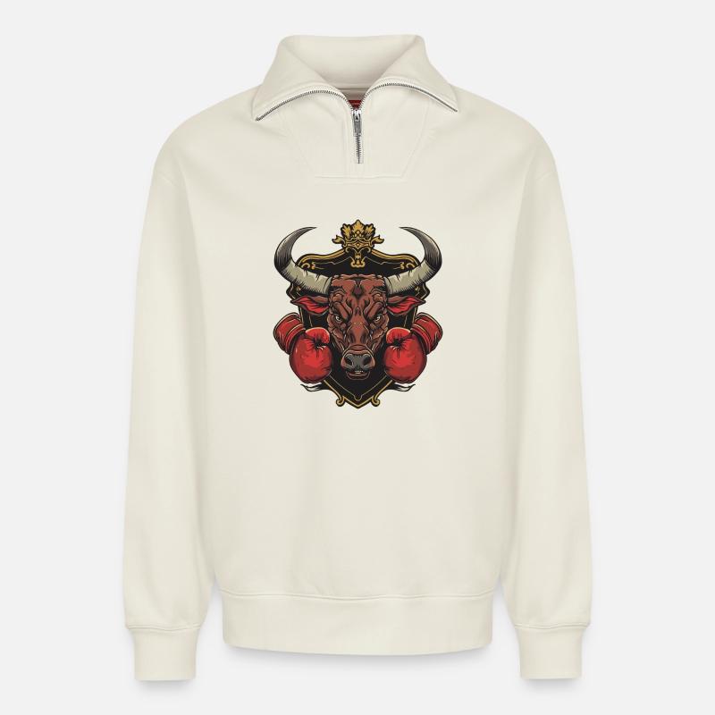 Bulle Stier Boxer MMA - Relaxed Unisex Organic Half Zip Sweatshirt – von SPREAD - Naturweiß