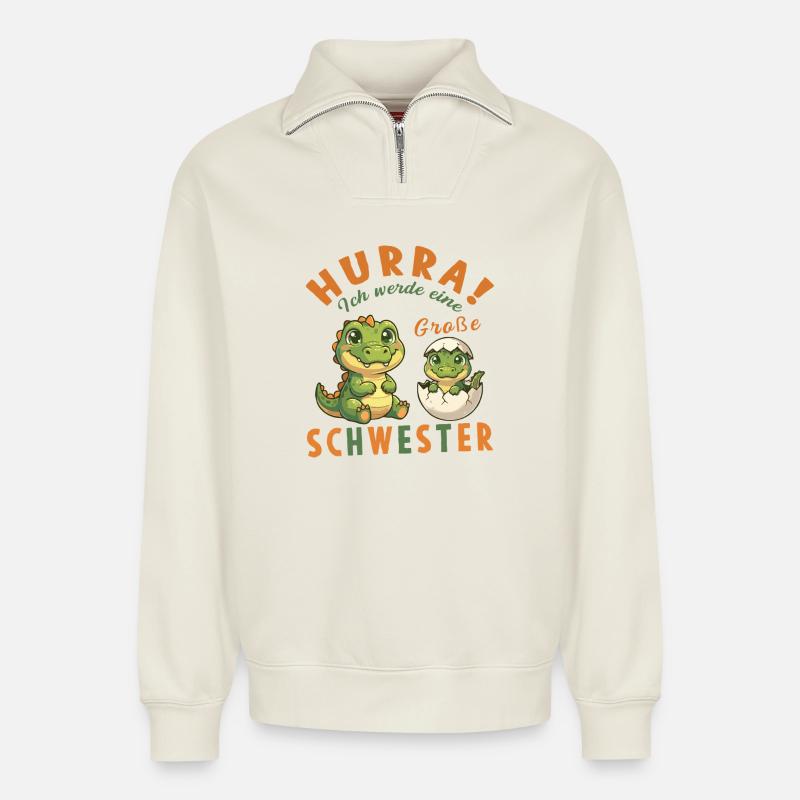 Große Schwester Dino Nachwuchs Hurra - Relaxed Unisex Organic Half Zip Sweatshirt – von SPREAD - Naturweiß