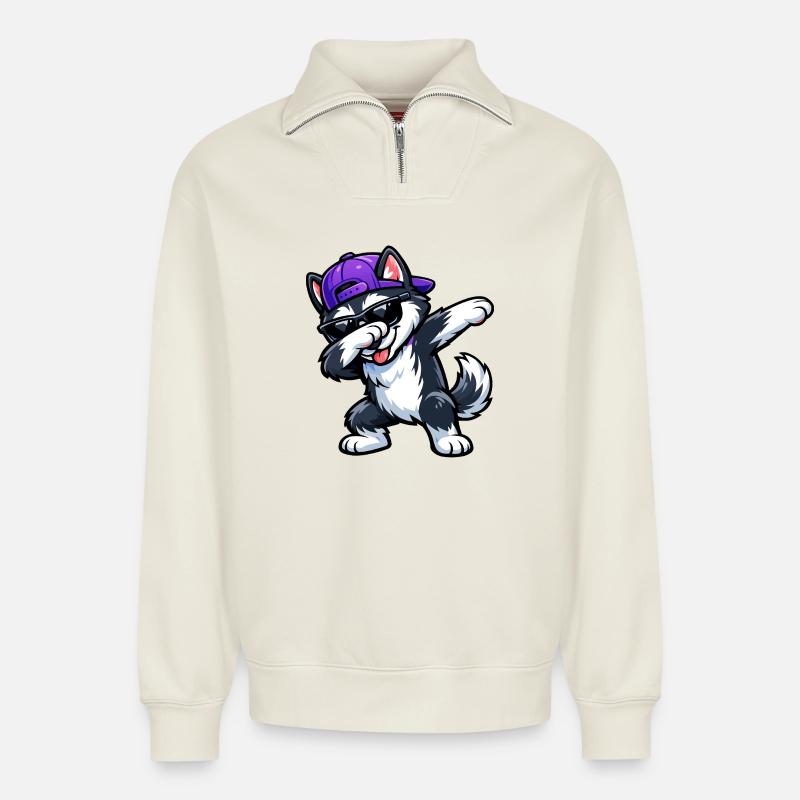 Dabbing Husky - Relaxed Unisex Organic Half Zip Sweatshirt – von SPREAD - Naturweiß
