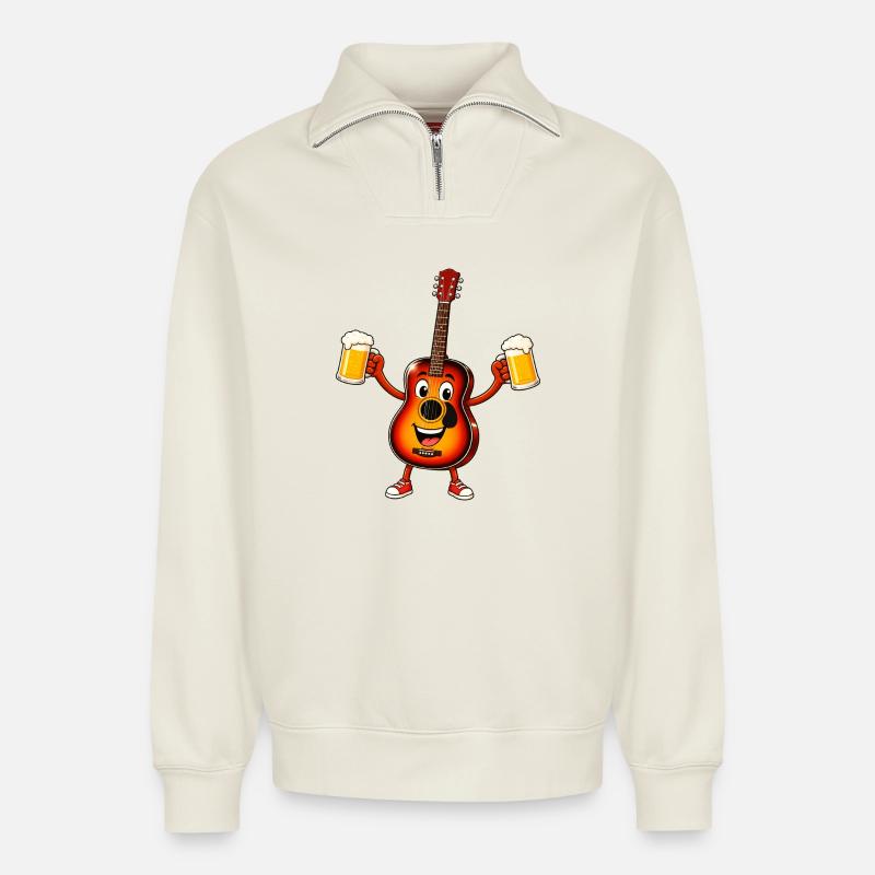 Guitar with two beers - Relaxed Unisex Organic Half Zip Sweatshirt – by SPREAD - off white