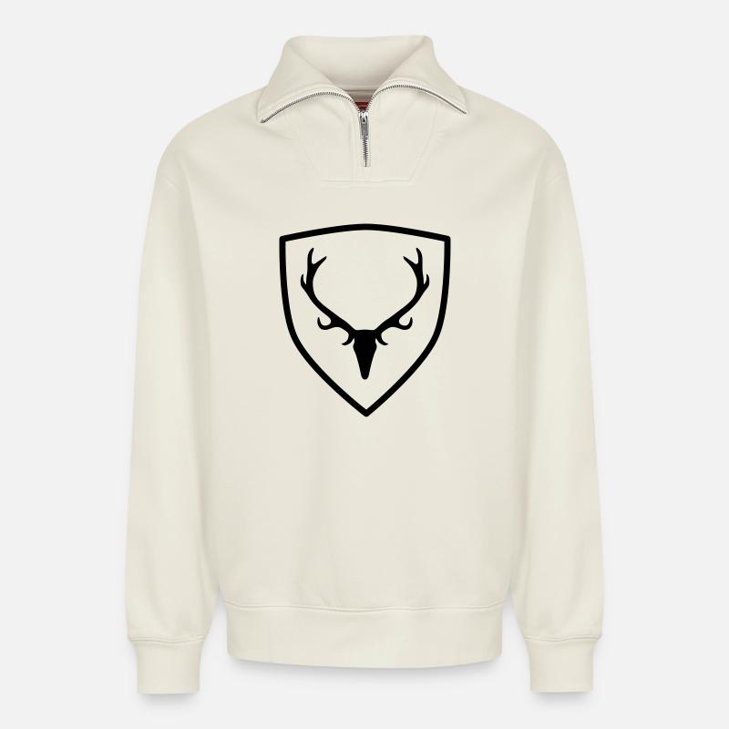 Wappen mit Geweih - Relaxed Unisex Organic Half Zip Sweatshirt – von SPREAD - Naturweiß