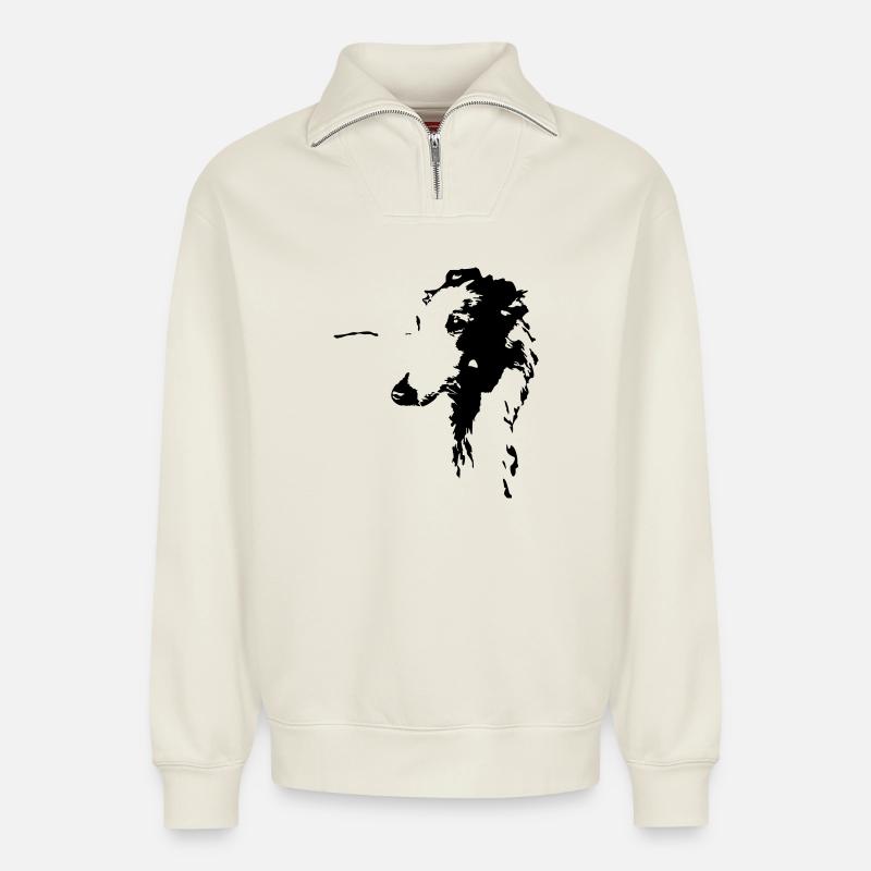 Borzoi head - Relaxed Unisex Organic Half Zip Sweatshirt – by SPREAD - off white