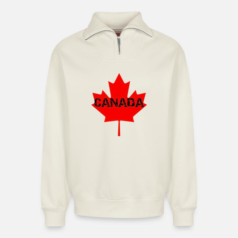 Faded Canada Maple Stamp - Relaxed Unisex Organic Half Zip Sweatshirt – by SPREAD - off white