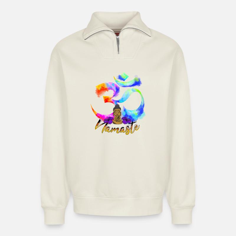 Namaste Bow Iris Buddha - Relaxed Unisex Organic Half Zip Sweatshirt – by SPREAD - off white