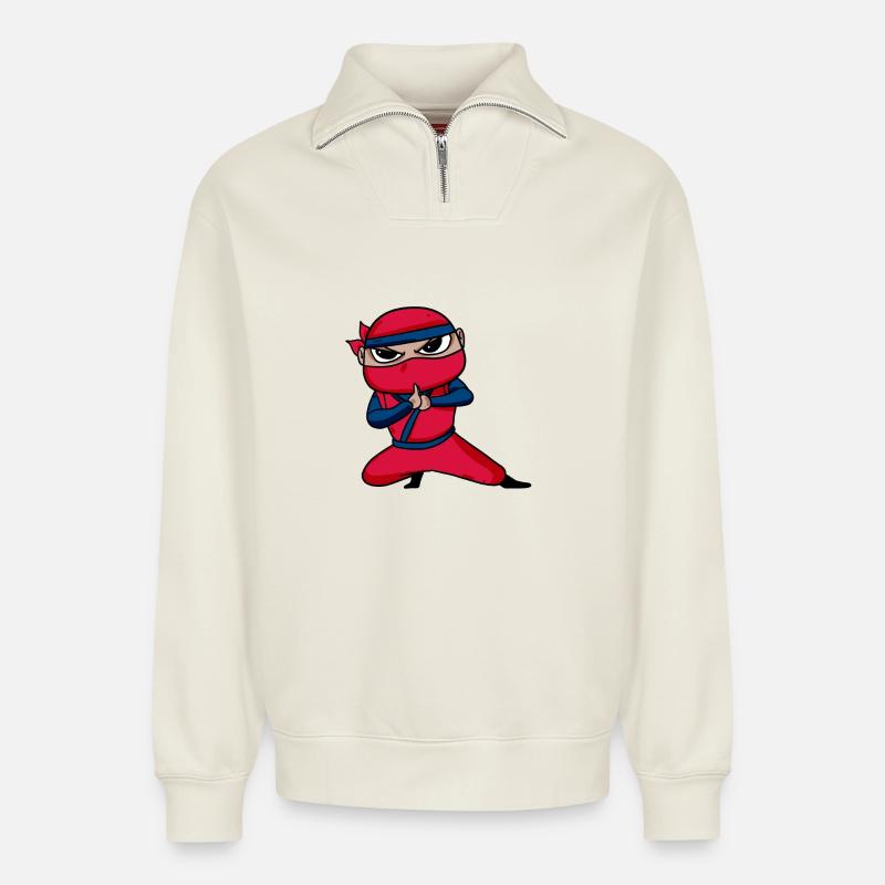Ninja Rouge - Sweat unisexe décontracté en coton biologique à demi-zip – de SPREAD - blanc cassé