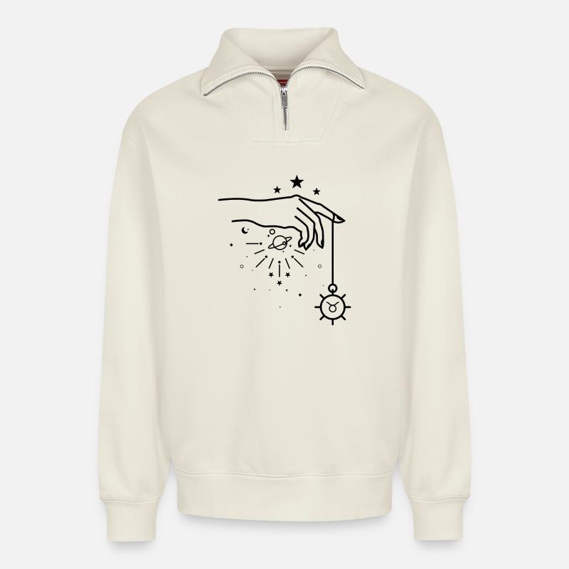 Astrologie du zodiaque Taureau - Sweat unisexe décontracté en coton biologique à demi-zip – de SPREAD - blanc cassé
