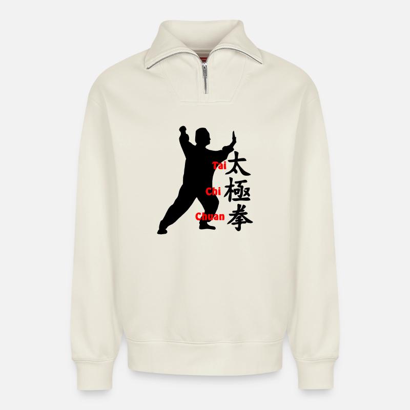 Chinesisches Zeichen und Text Taichi Chuan - Relaxed Unisex Organic Half Zip Sweatshirt – von SPREAD - Naturweiß