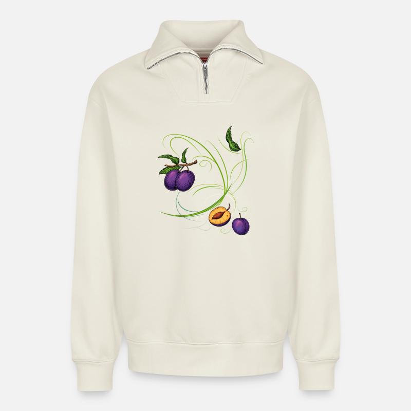 Pflaumen, Obst - Relaxed Unisex Organic Half Zip Sweatshirt – von SPREAD - Naturweiß