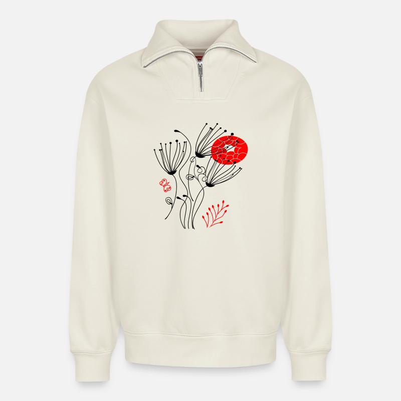 fleurs délicates en filigrane, Fleurs - Sweat unisexe décontracté en coton biologique à demi-zip – de SPREAD - blanc cassé