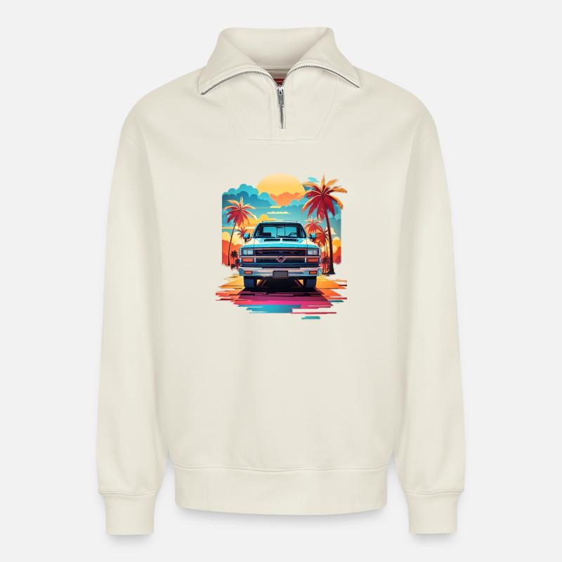 Camionnette - Sweat unisexe décontracté en coton biologique à demi-zip – de SPREAD - blanc cassé