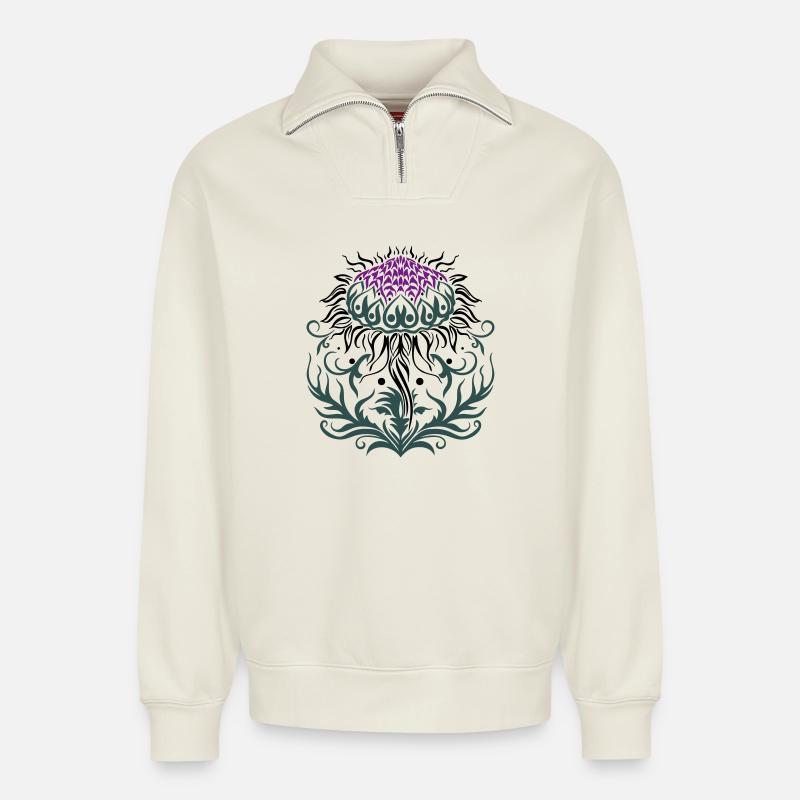 Distel lila Thistle - Relaxed Unisex Organic Half Zip Sweatshirt – von SPREAD - Naturweiß