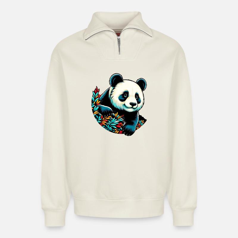 Panda - Relaxed Unisex Organic Half Zip Sweatshirt – von SPREAD - Naturweiß