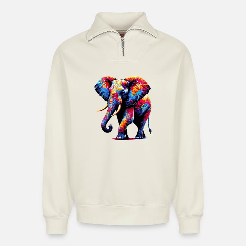 Éléphant - Sweat unisexe décontracté en coton biologique à demi-zip – de SPREAD - blanc cassé