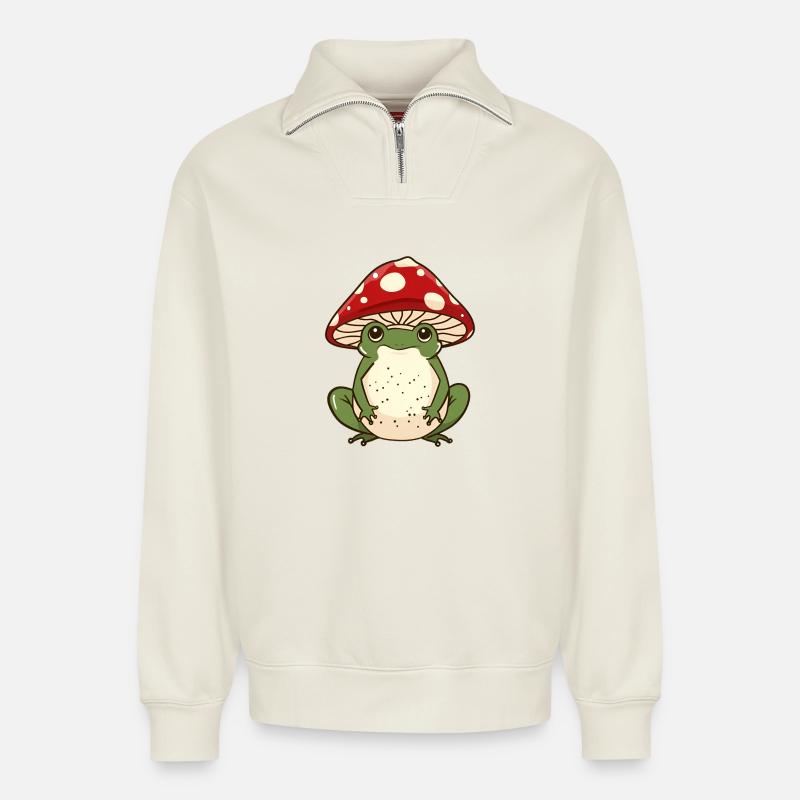 Champignon Cap Grenouille Whimsy - Sweat unisexe décontracté en coton biologique à demi-zip – de SPREAD - blanc cassé
