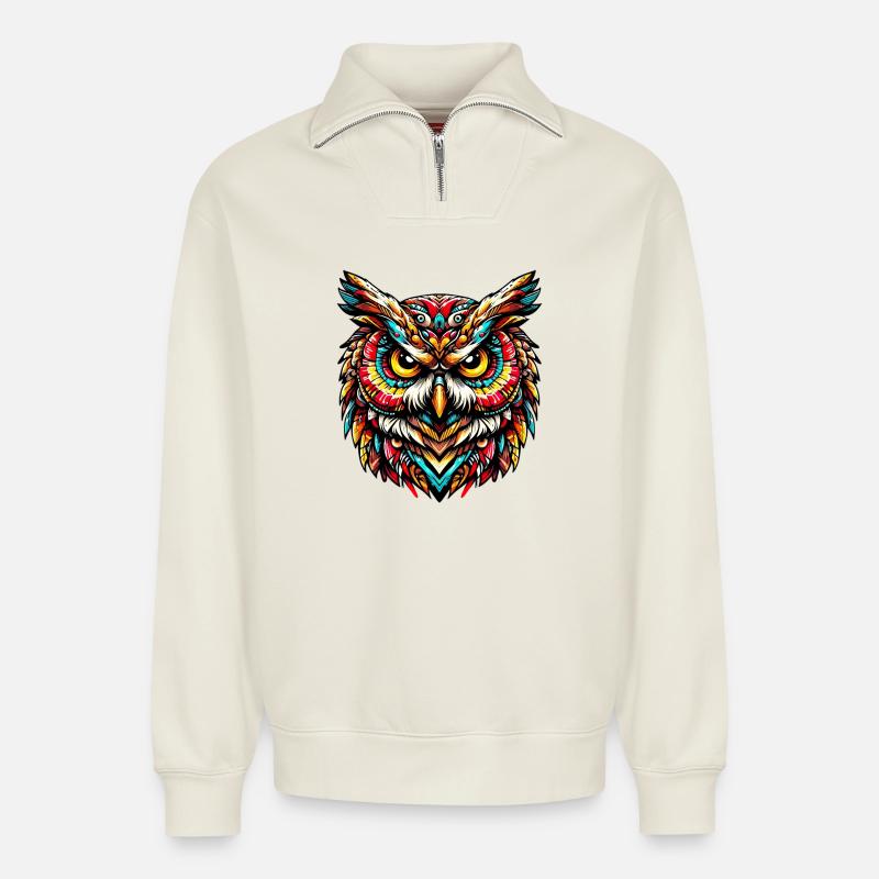 Eule - Relaxed Unisex Organic Half Zip Sweatshirt – von SPREAD - Naturweiß