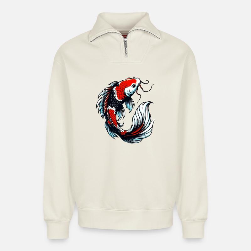 Koi-Karpfen - Relaxed Unisex Organic Half Zip Sweatshirt – von SPREAD - Naturweiß