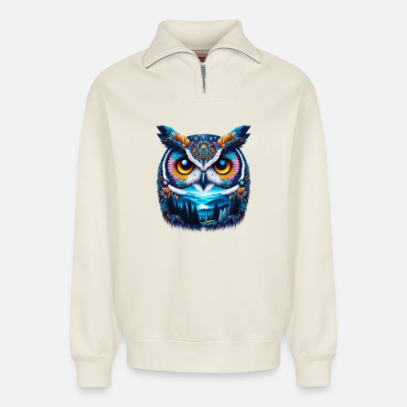 Hibou - Sweat unisexe décontracté en coton biologique à demi-zip – de SPREAD - blanc cassé