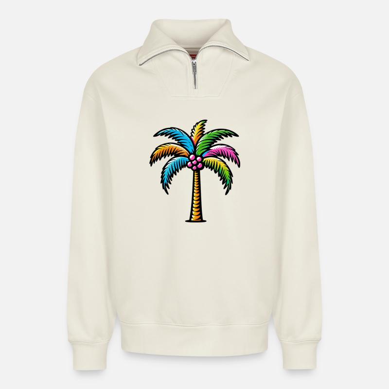 Palmier - Sweat unisexe décontracté en coton biologique à demi-zip – de SPREAD - blanc cassé