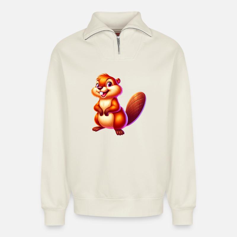 Castor - Sweat unisexe décontracté en coton biologique à demi-zip – de SPREAD - blanc cassé