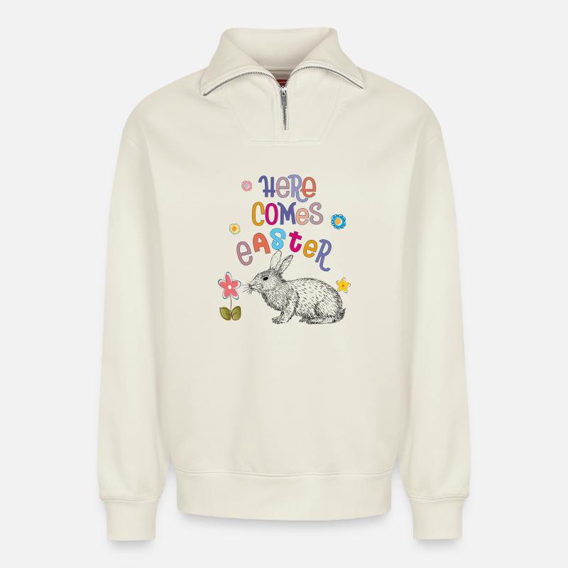 Happy Easter Osterhase - Relaxed Unisex Organic Half Zip Sweatshirt – von SPREAD - Naturweiß