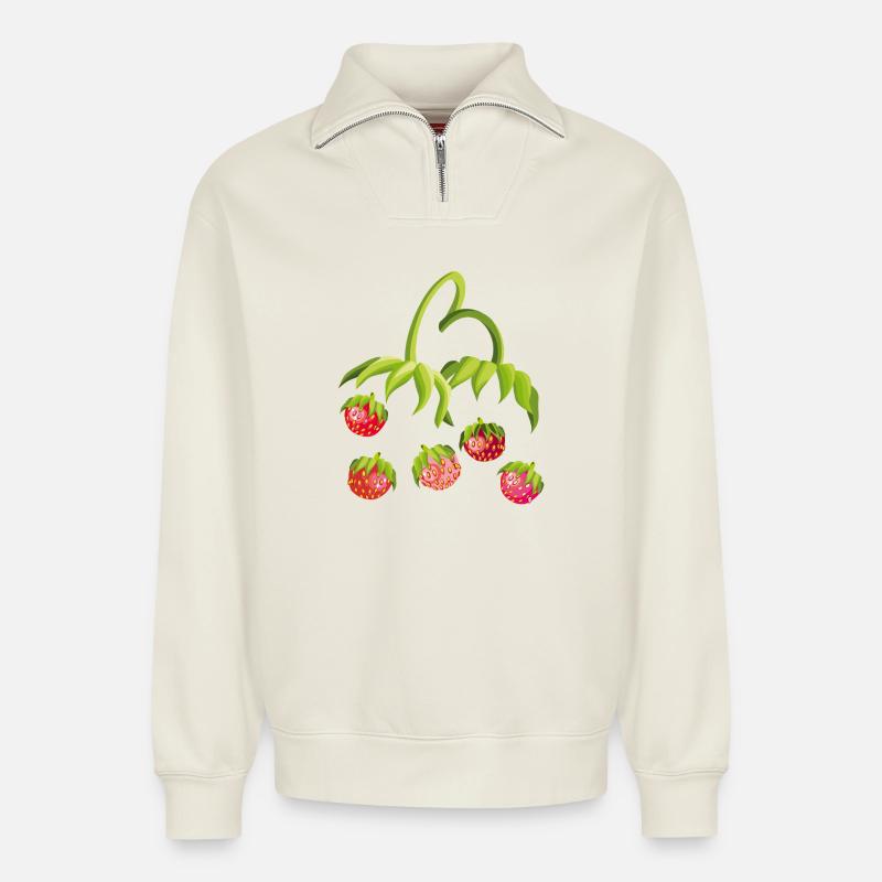 Erdbeerzeit Strawberry - Relaxed Unisex Organic Half Zip Sweatshirt – von SPREAD - Naturweiß