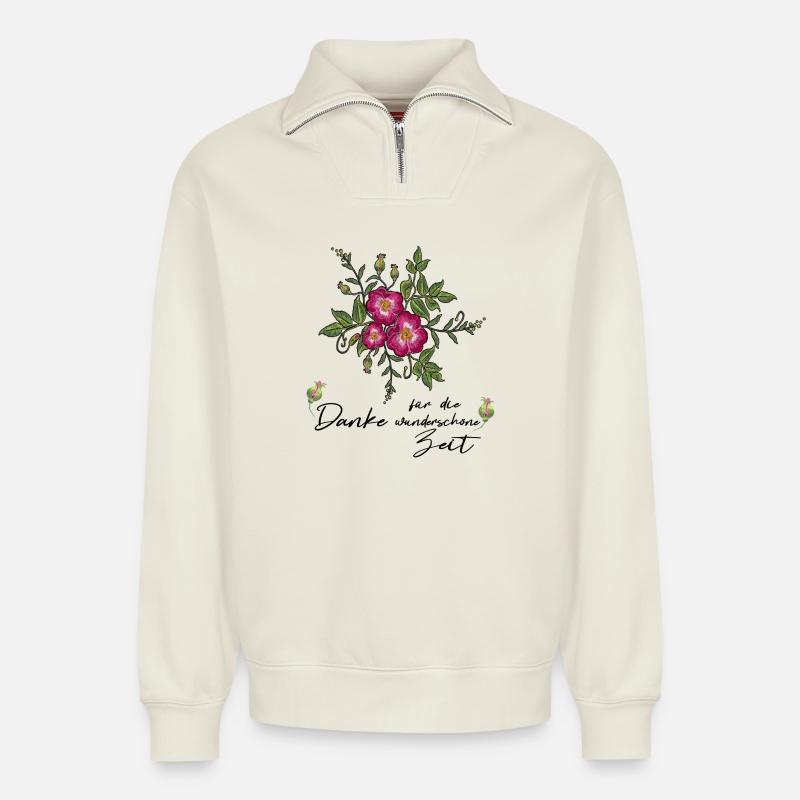 Danke für die wunderschöne  Zeit - Relaxed Unisex Organic Half Zip Sweatshirt – von SPREAD - Naturweiß