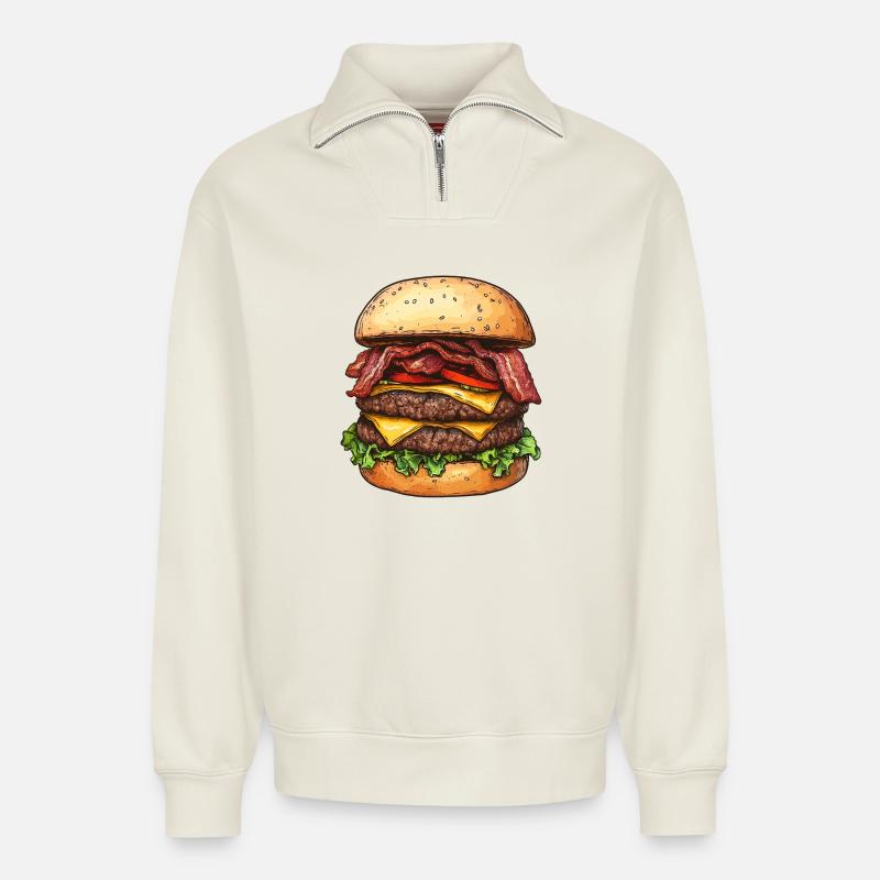 Double Bacon Cheeseburger :) - Relaxed Unisex Organic Half Zip Sweatshirt – by SPREAD - off white
