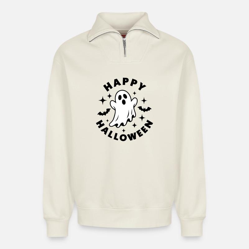 Fröhliches Halloween - Relaxed Unisex Organic Half Zip Sweatshirt – von SPREAD - Naturweiß
